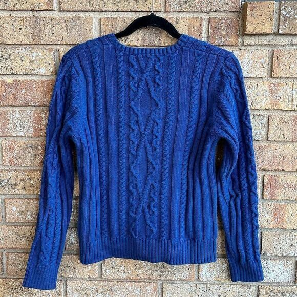 Lands' End Women's V-Neck Cable Knit Sweater Blue Size S Pullover - Picture 2 of 4